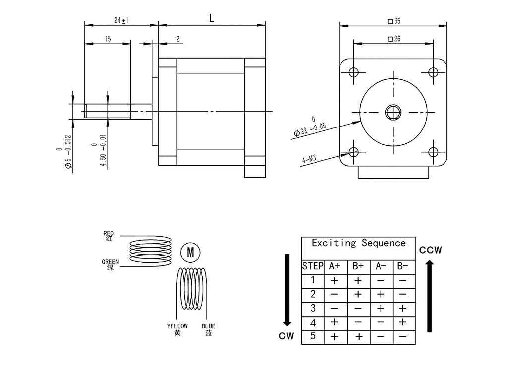  Двигатель шаговый Nema14, L=35мм, A=1.8гр., I=1.2А, HANPOSE