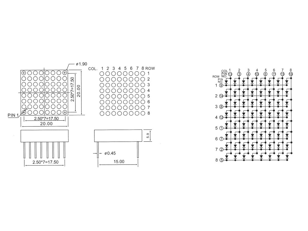 Светодиодная матрица 8x8 KEM-7088, с общим катодом, 20x20мм